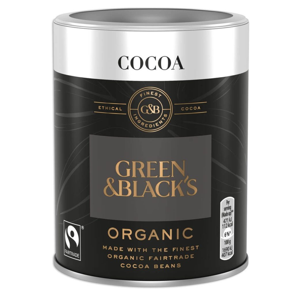 A tub of Green & Black's Fairtrade organic cocoa powder