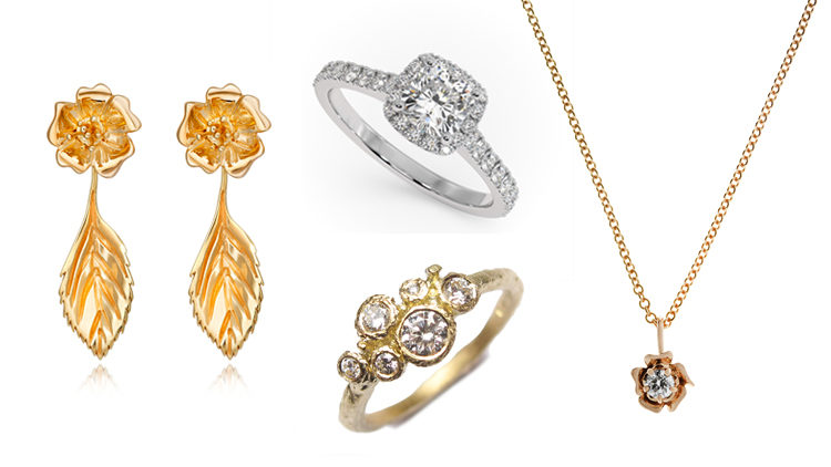 A selection of Fairtrade jewellery: one pair of earrings, two rings and a necklace