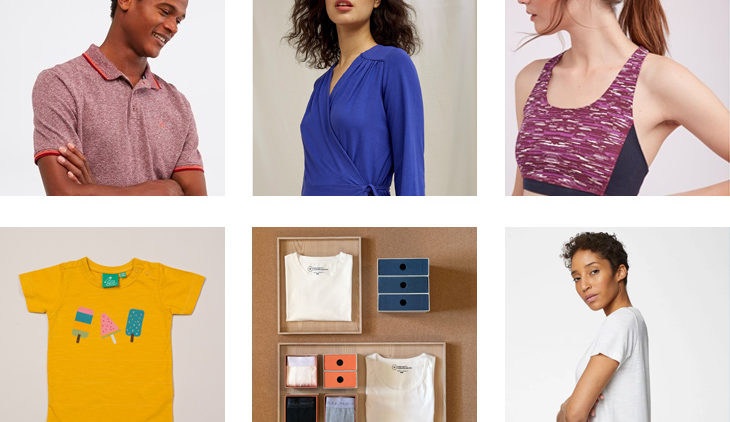 Four models wearing ethical fashion, one t-shirt from Little Green Radicals and a selection of clothes in boxes from Nudie Jeans