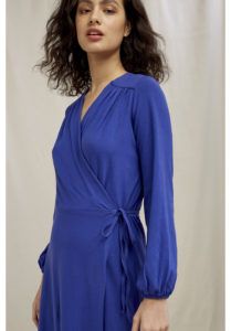 Woman modelling People Tree Inga Wrap Dress in Royal Blue