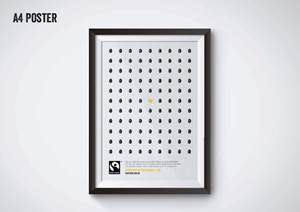 a4 poster showing one yellow coffee bean among many black coffee beans and the FAIRTRADE Mark.