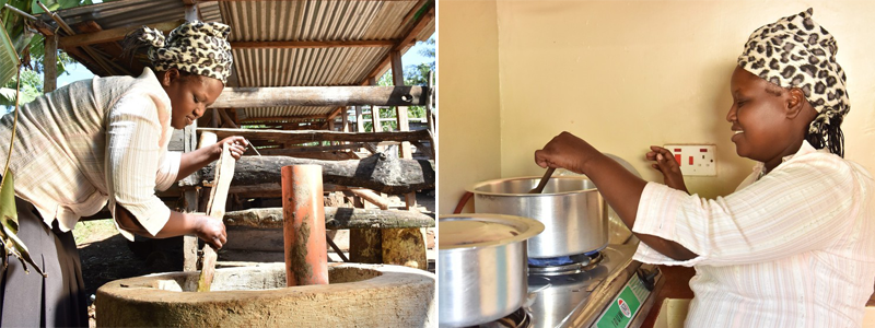 Mixing and processing the cow dung to produce biogas for the cook stove and cooking on the stove.