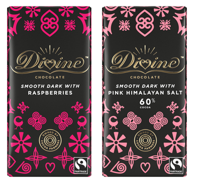 Divine Dark chocolate bars with Raspberries and with Pink Himalayan Salt