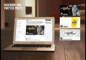 Facebook and Twitter Images shown on a laptop screen, various designs, all showing the words; 'taste the good in your coffee'