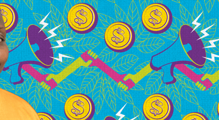speaker and coins Afirican wax print style illustration with Rosine, a Fairtrade cocoa farmer