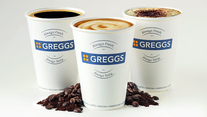 three cups of greggs coffee (one milky, one black, one with chocolate on top)