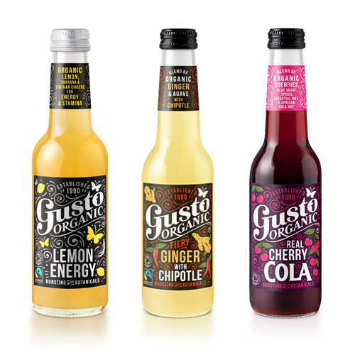 Gusto Organic Lemon Energy, Fiery Ginger with Chipotle and Real Cherry Cola