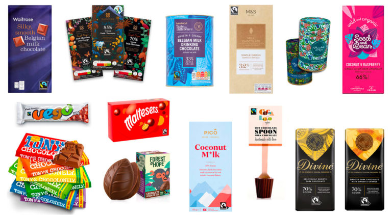 A selection of Fairtrade chocolate, from left to right first row: Waitrose Belgian milk chocolate, Co-op Irresistible range of chocolate, Sainsbury's Tase the difference Belgian milk drinking chocolate, M&S milk chocolate, Chocolate and Love tins of chocolate, Seed and Bean coconut and raspberry dark chocolate. Second row: Vego chocolate bar, Maltesers. Third row: a stack of Tony's Chocolonely, Forest of Hope chocolate surprise egg, Pico coconut m*lk, Cocoa Loco hot chocolate spoon, selection of Divine chocolate bars