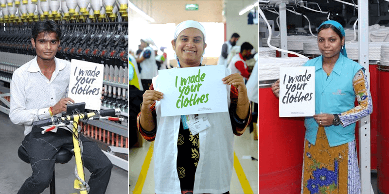 People working in Fairtrade cotton hold 'I made your clothes' signs