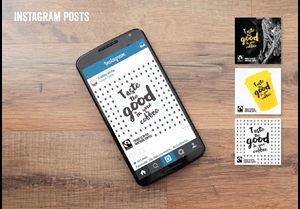 image of an Instagram post on a phone, various designs all showing the words, 'taste the good in your coffee'