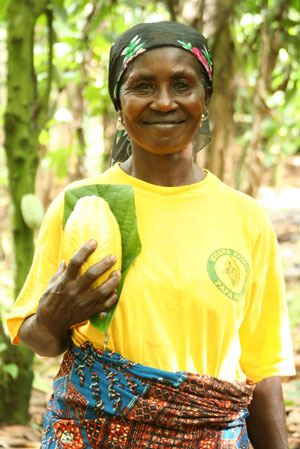 Cocoa farmer holding a cocoa pod