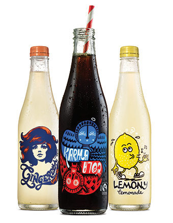 Three drinks bottles; Gingerella, Karma Cola and Lemony Lemonade