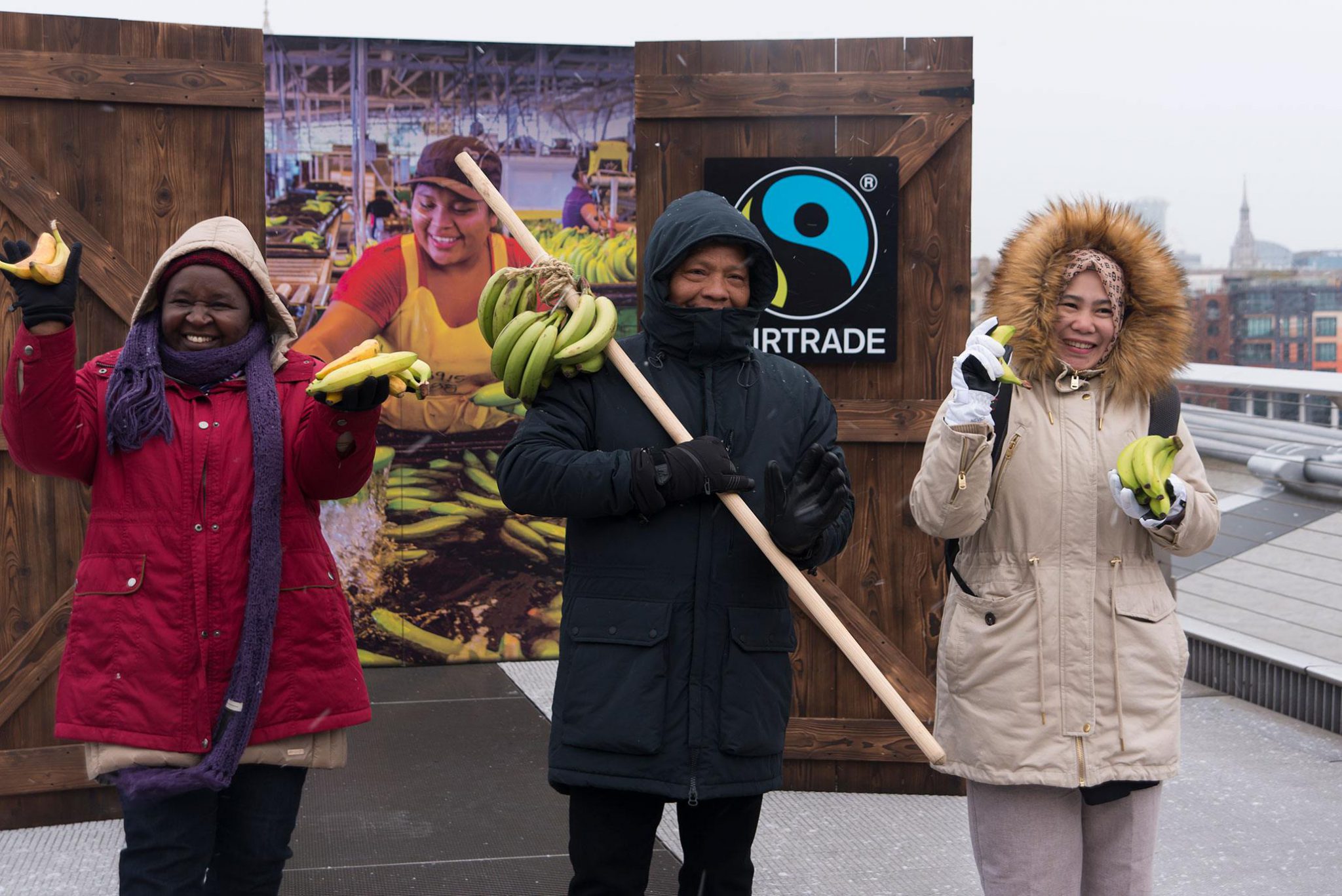 Ketra, Marcial and Mahyana - Fairtrade Farmers on the Millennium bridge for Fairtrade Fortnight launch