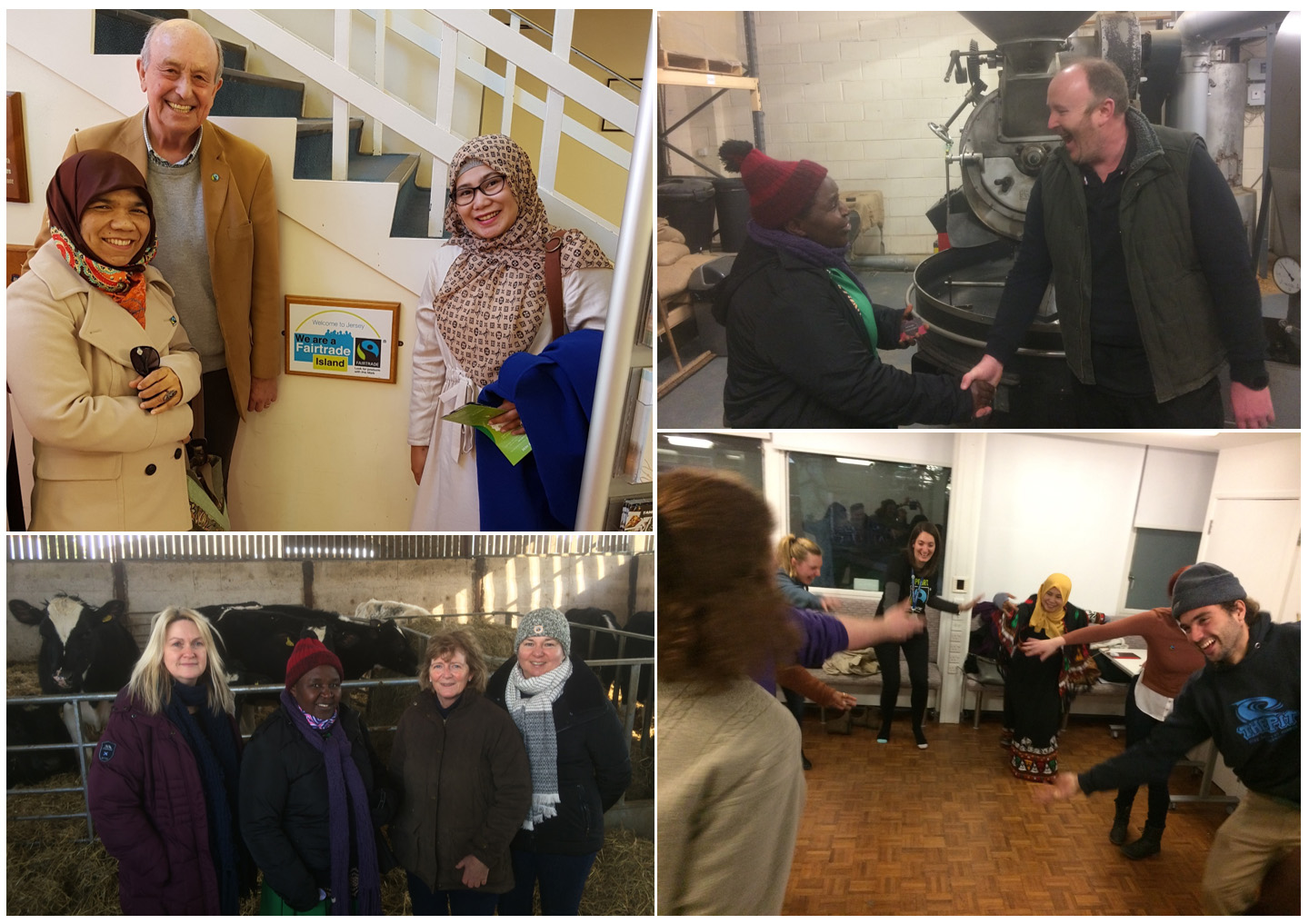 Montage - Mahyana meets Tony Allchurch of Fairtrade Jersey, Ketra meets UK dairy farmers and a coffee roaster, Mahyana performs her traditional Gayonese coffee dance