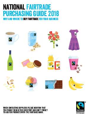 National Purchasing Guide 2018 pdf, image showing title of the report and illustrations of Fairtrade products such as tea, sugar, flowers and clothes.