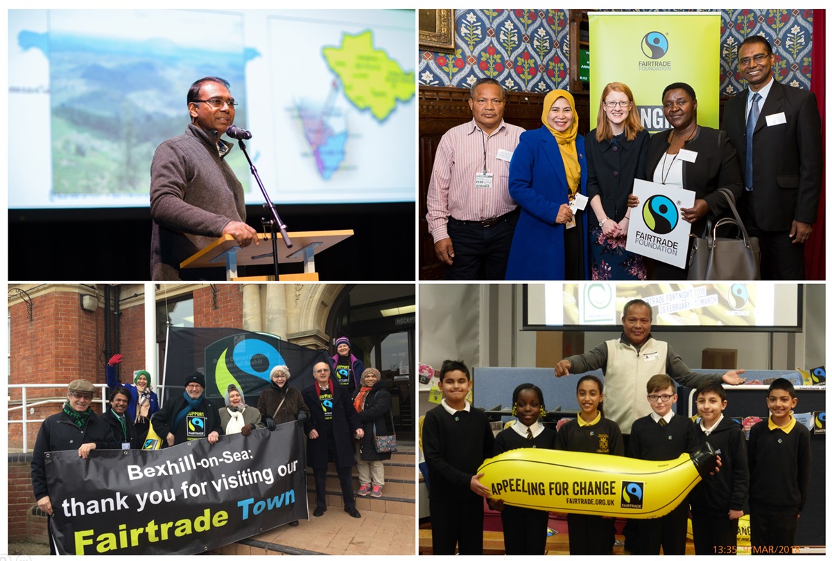 Montage of Fr John Joseph, Mahyana Sari, Ketra Kyosiimire, Marcial Quintero, MP Holly Lunch and various Fairtrade supporters - Fortnight 2019
