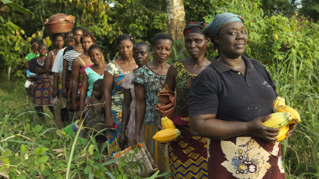 Genevieve in a line with cocoa farmers on her farm in Cote d'Ivoire 