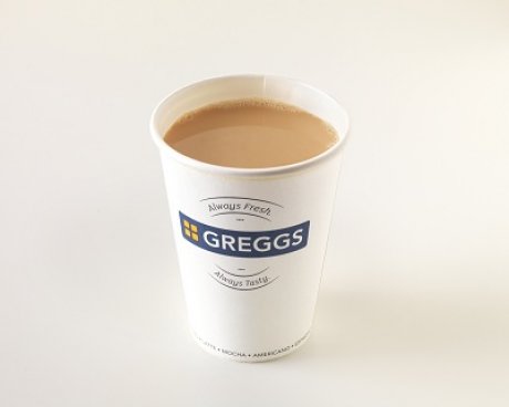 a take-away cup of Greggs Fairtrade tea