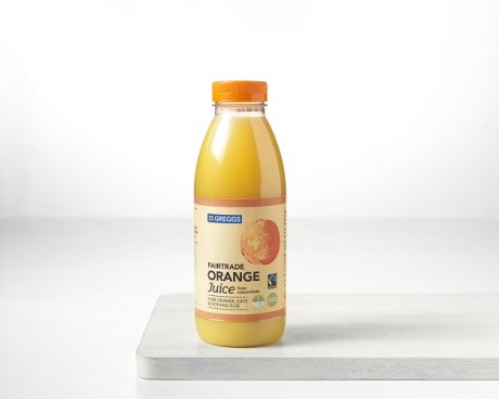Greggs Fairtrade orange juice bottle