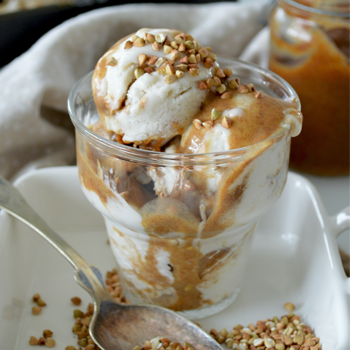 vanilla ice cream with caramel sauce and nuts