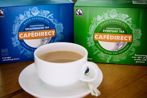 a cup of Cafédirect Fairtrade tea in a white tea cup and saucer