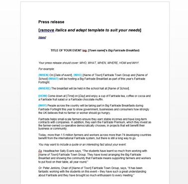 Press release template for work with schools