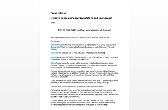 Press release template for work with schools