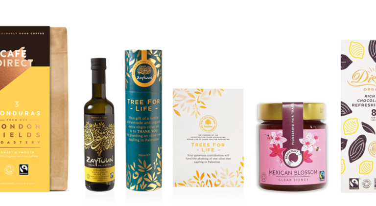 Fairtrade and organic products including Cafedirect coffee, Zaytoun olive oil, Traidcraft honey and Divine chocolate