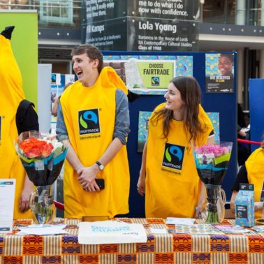 Fairtrade staff dressed as banana suits at a university fair