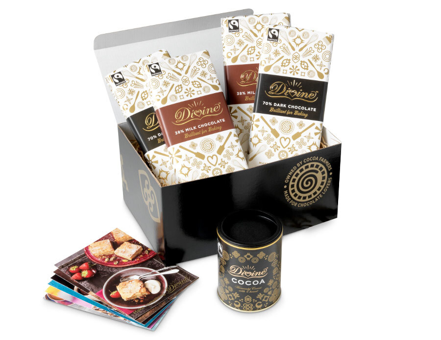 A box of Divine Fairtrade baking chocolate and a tub of cocoa powder