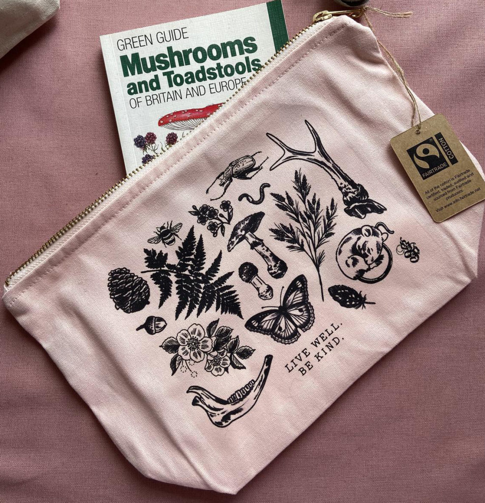 Pale pink Fairtrade cotton make-up bag with botanical illustrations.