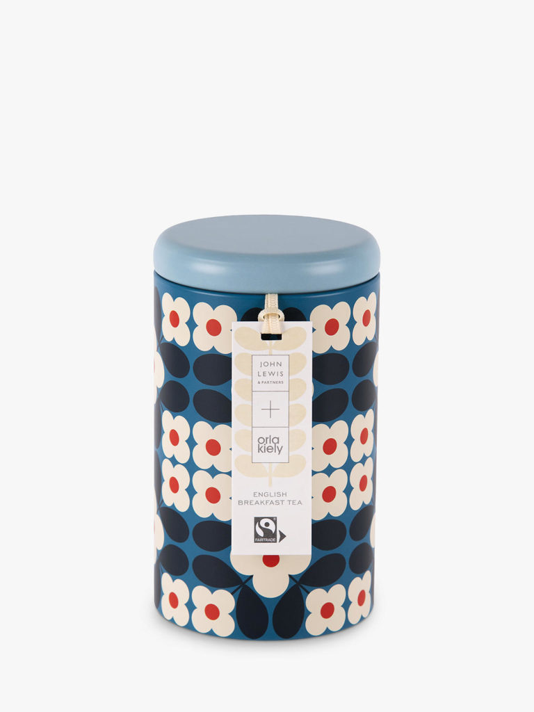 Decorative tin of tea in trademark Orla Kiely graphic design