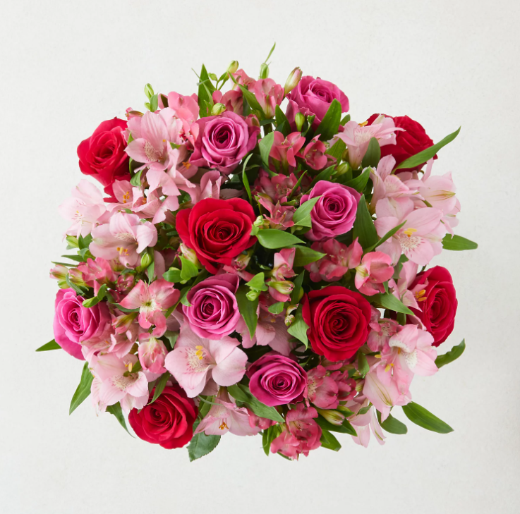 A bouquet of red and pink Fairtrade roses and alstroemeria