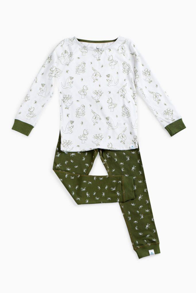 White and karkhi children's pyjamas with dinsaurs on