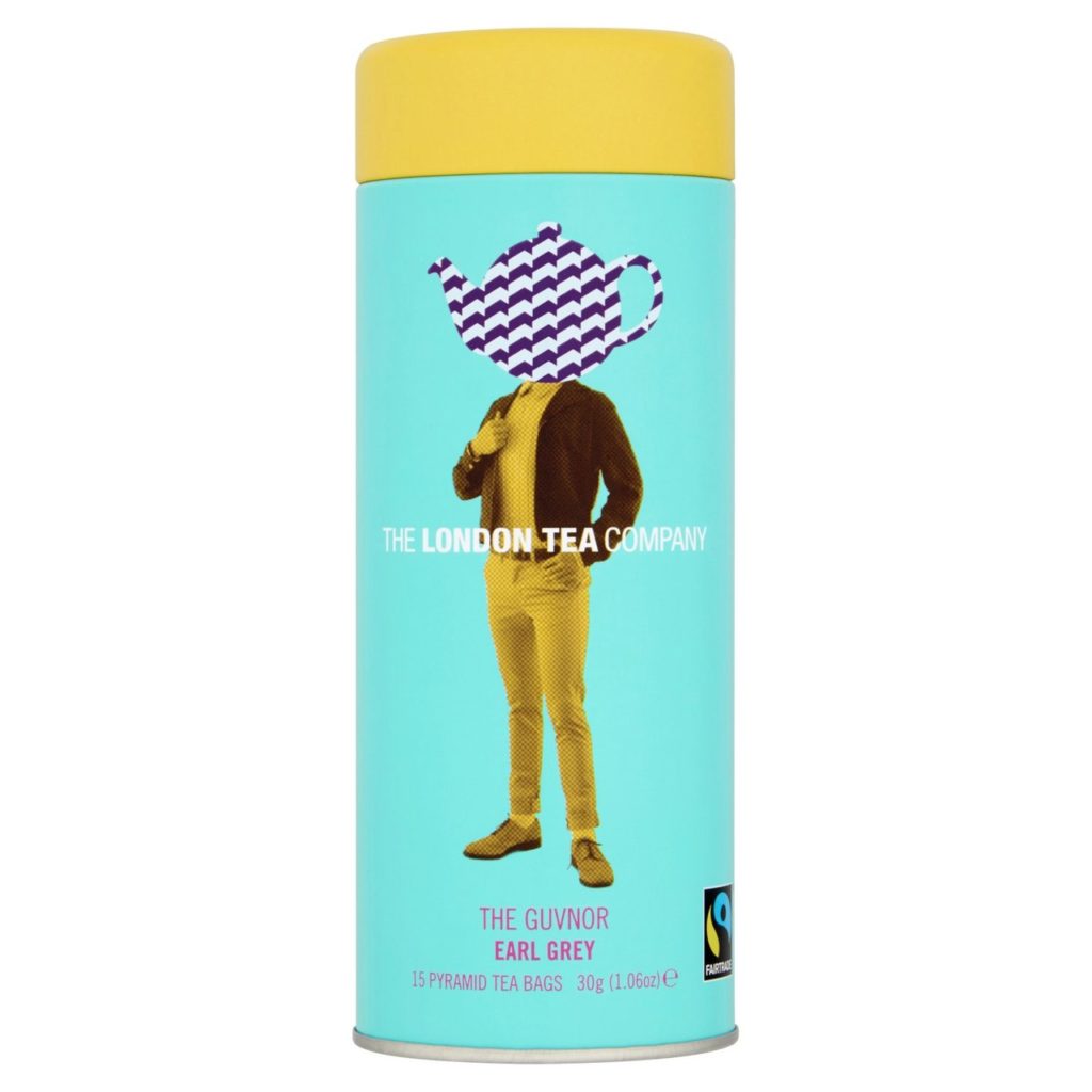 The London Tea company Fairtrade earl grey tea tin - tuquoise with quirky design of a striped teapot in the place of a person's head