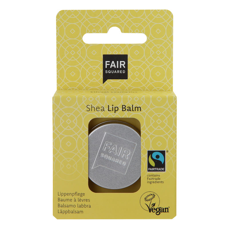 Fairtrade lip balm tin in packaging