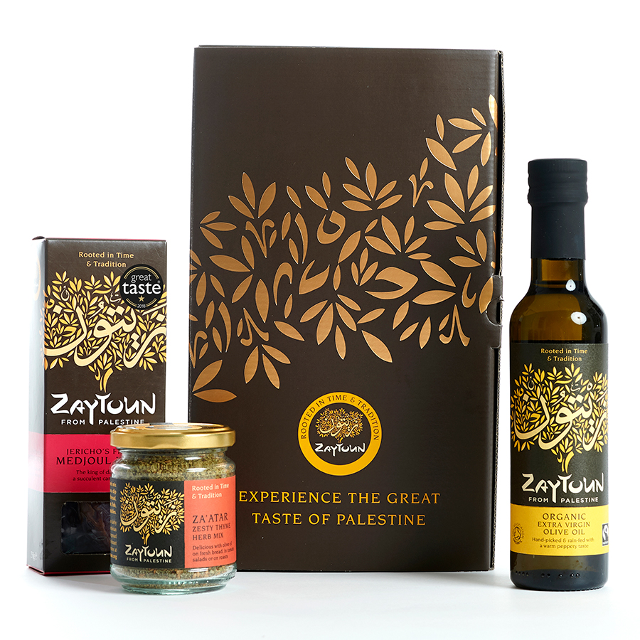 Zaytoun Fairtrade olive oil, dates, jar of za'atar and the gift box that they come in