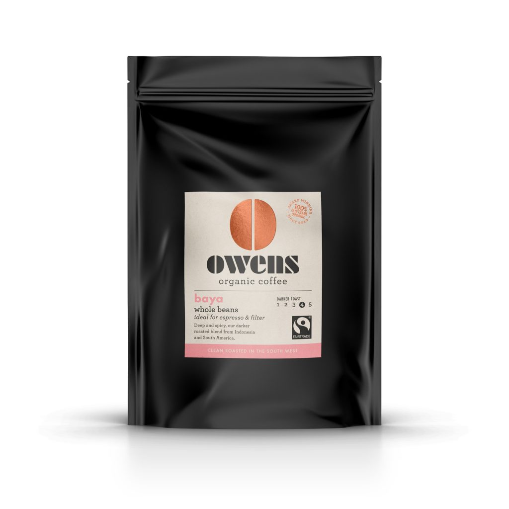 A packet of Owen's coffee, black bag with lable on.