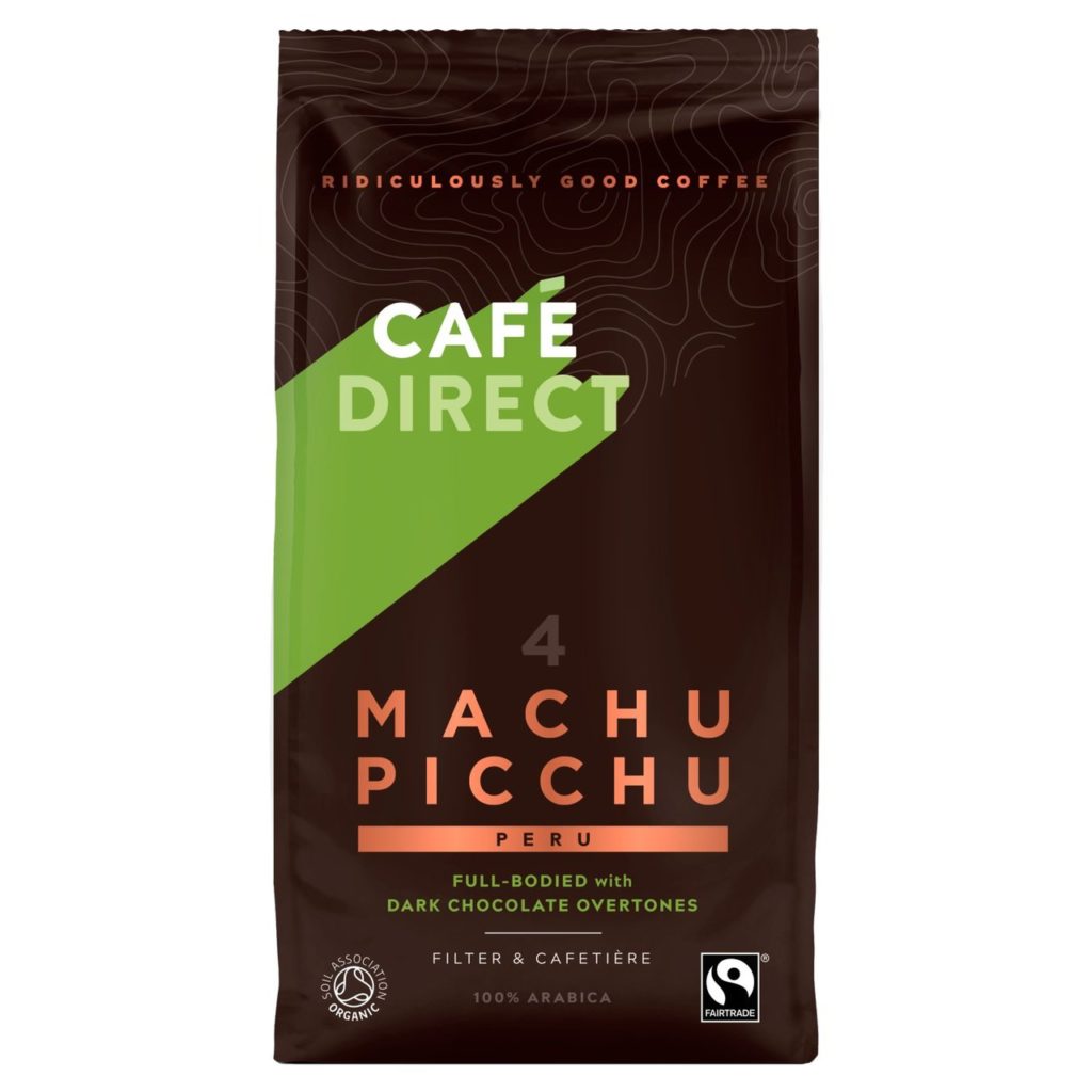 A packet of Cafedirect Machu Picchu Organic Fairtrade coffee