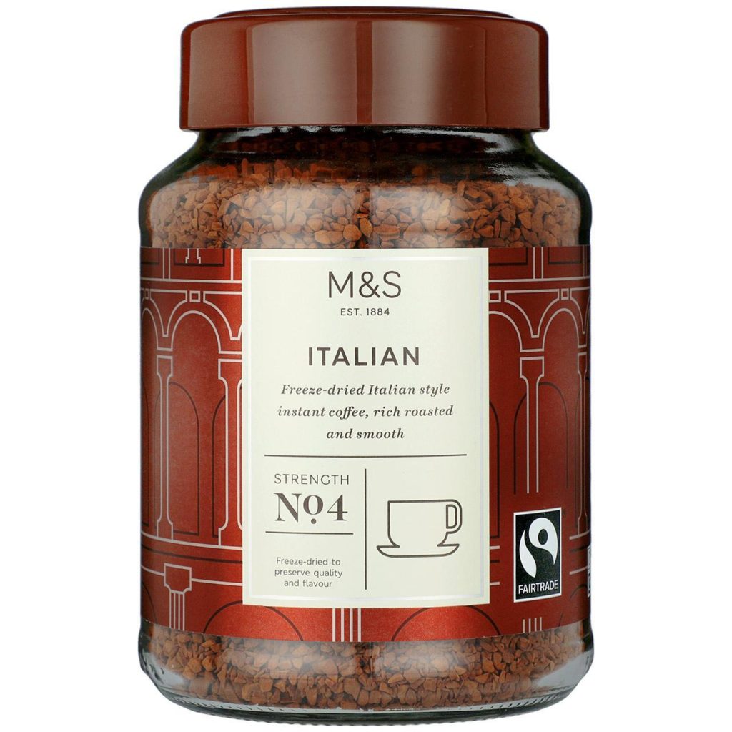 A glass jar with instant coffee inside. The label says 'M&S Italian' and shows the Fairtrade Mark. 