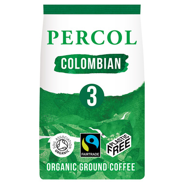A pack of Percol Colombian coffee in its signature green and white design.