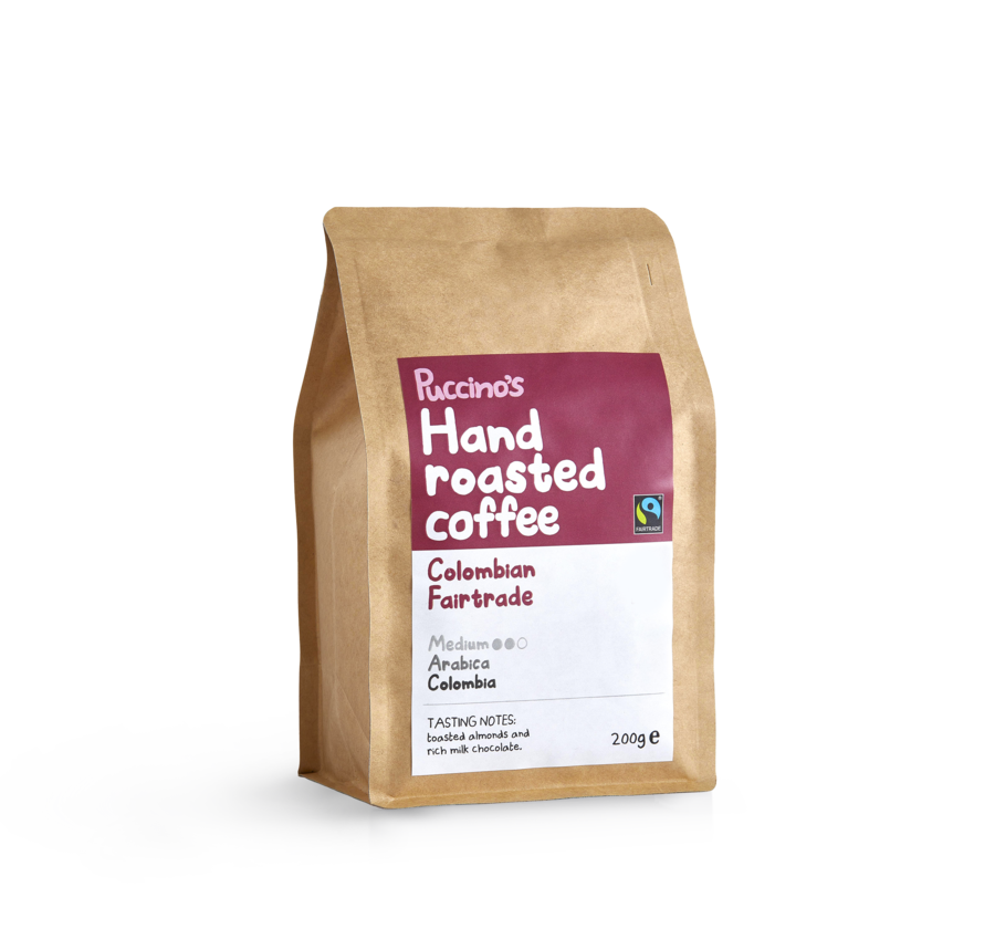 A pack of Puccino's coffee with a lable that says 'hand roasted'