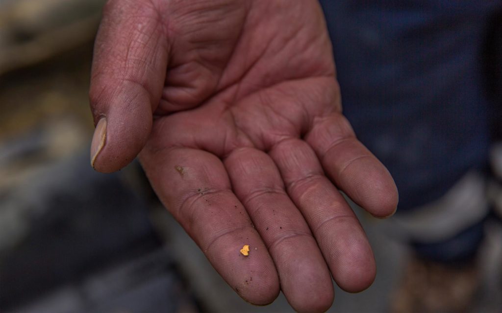 A worker shows a small piece of gold, at the mining cooperative Limata, which is part of CECOMSAP, a group of 10 small-scale mines in south Peru.