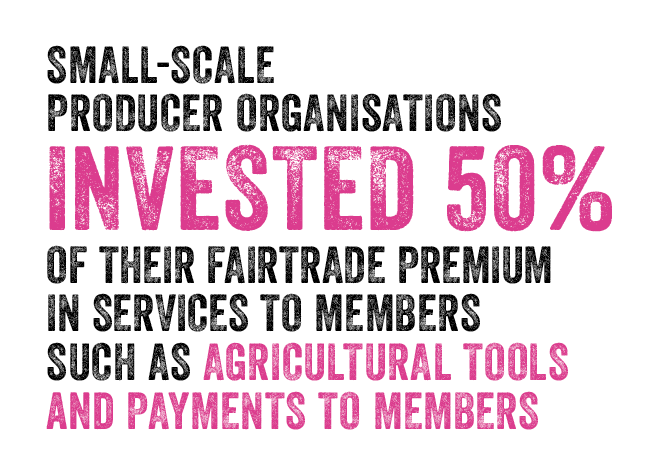 Small-scale producer organisations invested 50% of their Fairtrade Premium in services to members such as agricultural tools and payments to members. Pink and black text.