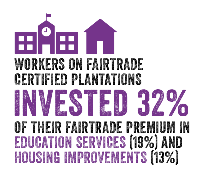 Workers on Fairtrade certified plantations invested 32% of their Fairtrade Premium in education services (19%) and housing improvements (13%). Icons of buildings in purple.
