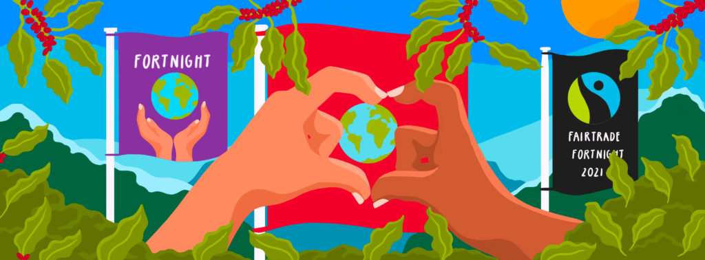 illustration - hands form a heart with a glob in the middle and festival flags and trees in the background