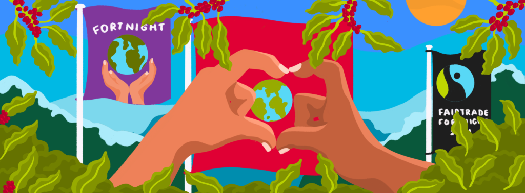 ilustration - two hands form a heart with a globe in the middle festival flags and trees in background