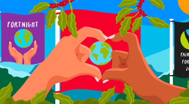 illustration - hands form a heart with a glob in the middle and festival flags and trees in the background