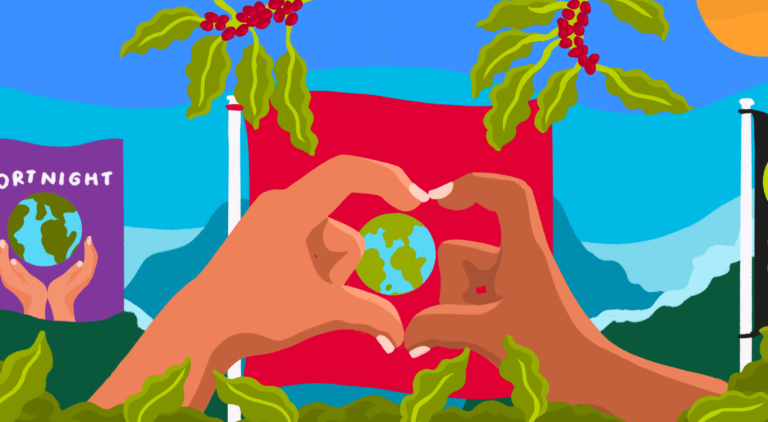 illustration - hands form a heart with a glob in the middle and festival flags and trees in the background