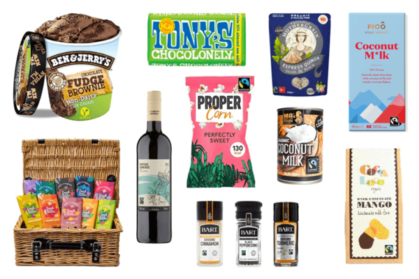 Images of different products which are both vegan and Fairtrade, linking to a blog article with ten of these products listed and described. Products are Ben & Jerry's ice cream, Tony's Chocolonely, Quinola's quinoa, Pico's Coconut M*lk chocolate, Seed & Bean's chocolate hamper, Co-op red wine, Propercorn's perfectly sweet popcorn,  Ma's Coconut Milk, Bart's spices, Cocoa Loco's dark chocolate coated mango.